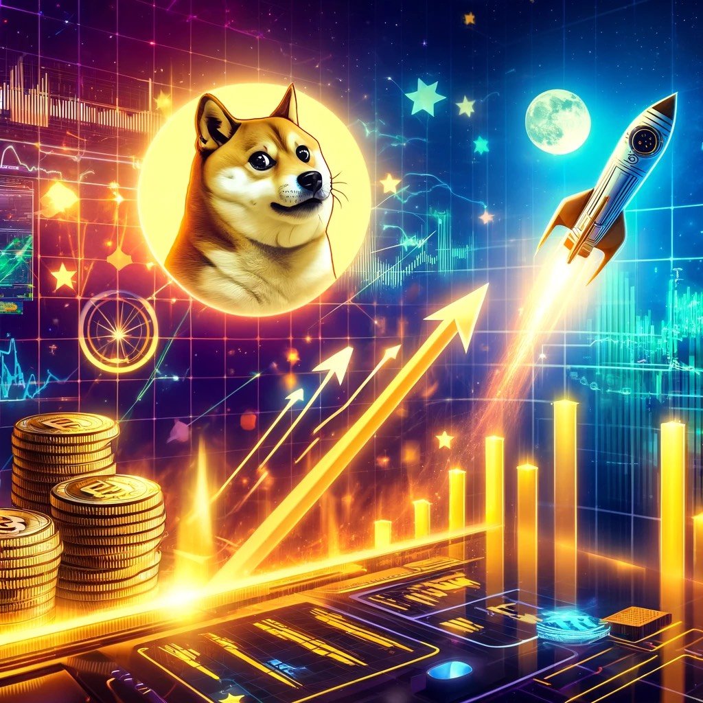 DALL·E 2024 05 21 17.55.11 A dynamic digital artwork of Dogecoin DOGE rocketing towards a target of 0.2. The background shows a vibrant digital financial landscape with upwa