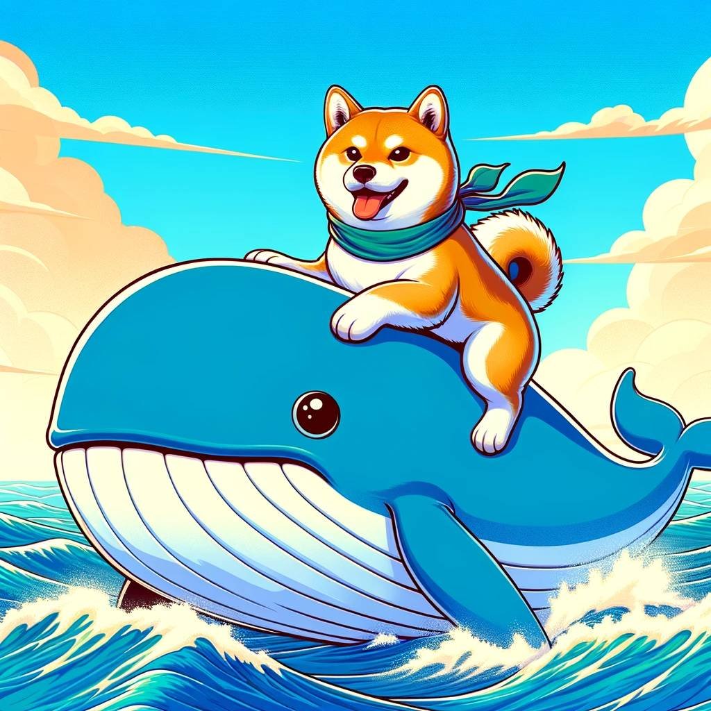 DALL·E 2024 05 22 17.33.30 A cartoonish adult Shiba Inu dog riding a giant whale in the ocean with a clear sky and playful waves. The Shiba Inu is depicted as a mature fully g