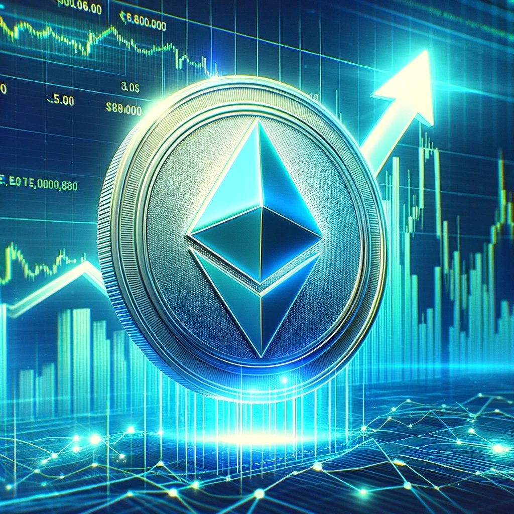 DALL·E 2024 05 27 18.37.33 A digital illustration showing Ethereums price surge. The image features a large glowing Ethereum coin in the foreground rising against a backdrop