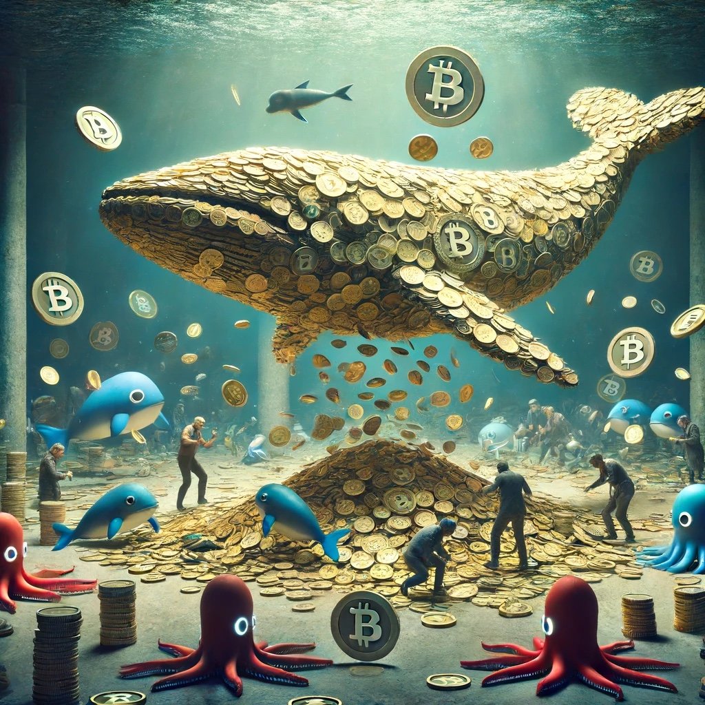 1719474037 DALL·E 2024 06 18 17.13.15 A digital artwork depicting a conceptual scene of Dogecoins ownership shift. The image features a large whale made of Dogecoin coins gradually breaki