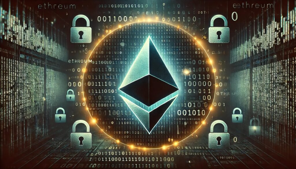 DALL·E 2024 06 25 11.39.04 A wide format digital artwork featuring the Ethereum logo prominently displayed in the center. The background is dark and ominous to symbolize dange.webp