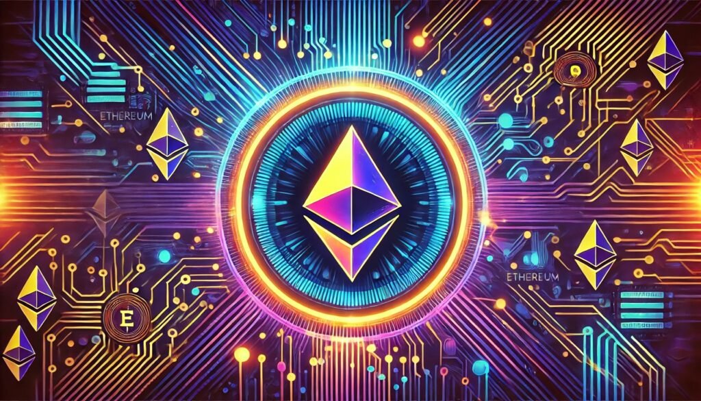 DALL·E 2024 10 07 11.04.30 An eye catching image featuring the Ethereum logo in the center surrounde
