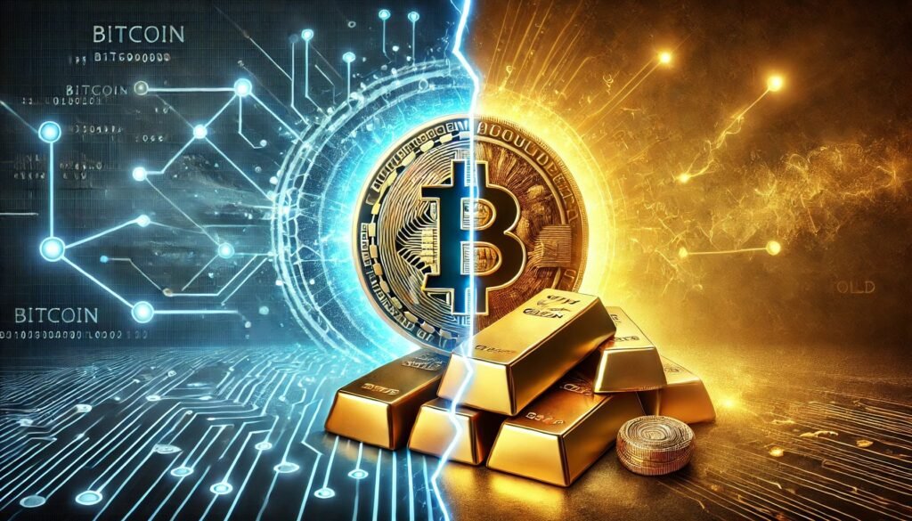 DALL·E 2025 02 13 08.40.02 A dramatic visual representation of Bitcoin versus Gold. On one side a gl