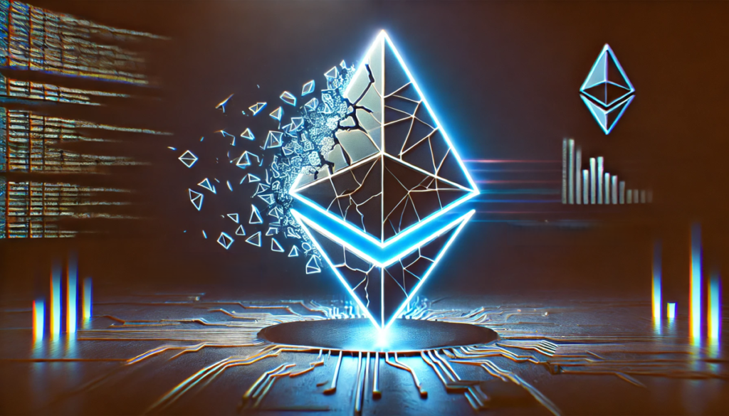 DALL·E 2025 02 24 09.39.02 A futuristic Ethereum logo being hacked. The logo is cracked glitching an