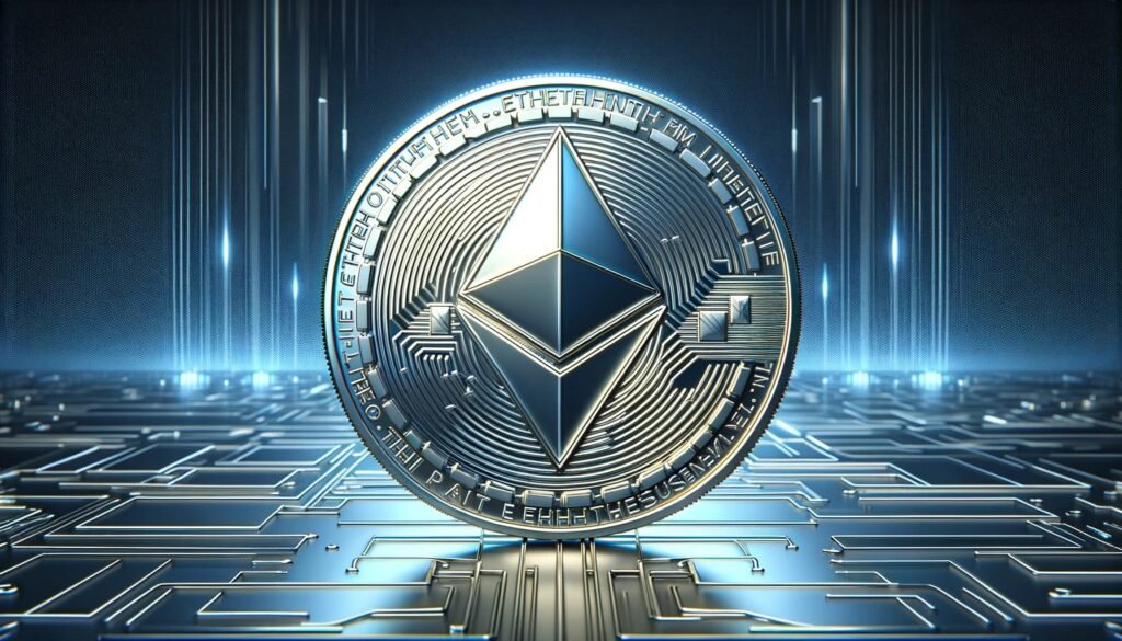 DALL·E 2024 05 28 09.53.50 A detailed image of a shiny Ethereum ETH coin prominently displayed. The