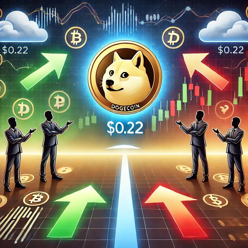 DALL·E 2025 05 16 15.21.47 A symbolic and balanced digital illustration showing Dogecoin hovering at