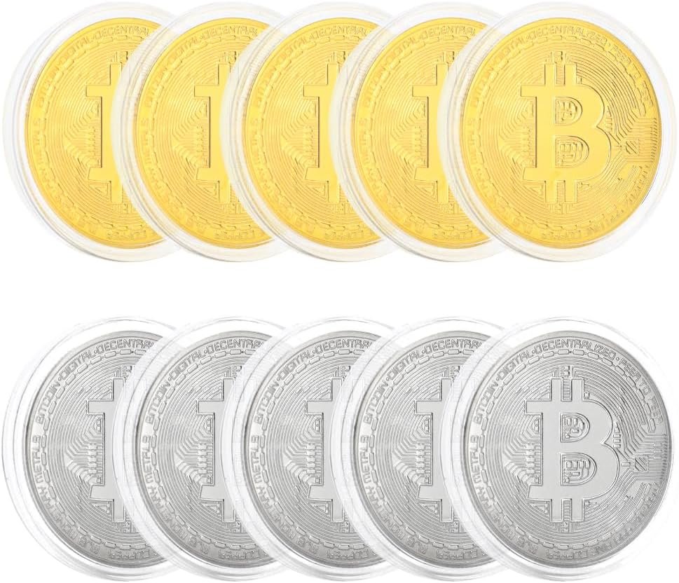 10 Pcs Bitcoin Coin Souvenir Gift with Coin Case, Bitcoin Commemorative Coin, Gold and Silver Plated Bitcoin for Commemoration, Blockchain Cryptocurrency, BTC Collectible Coin
