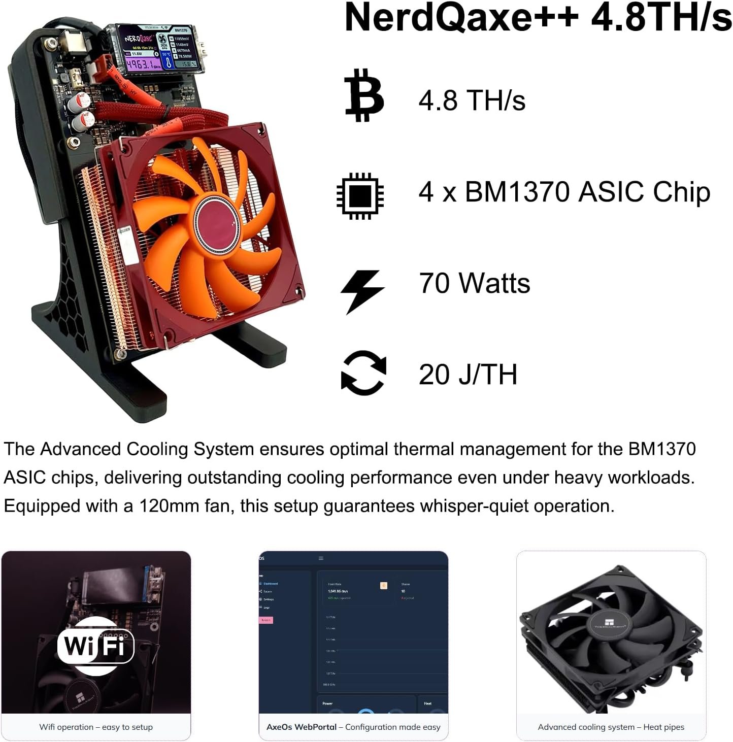 Bitcoins Miner 4.8TH/s NerdQaxe++ 4X BM1370 ASIC 2.4G WiFi 20W/TH BTC Lottery Crypto Miner with S21 Pro Asic Bitcoins Mining Machine Micro Silent Home Use - Image 3