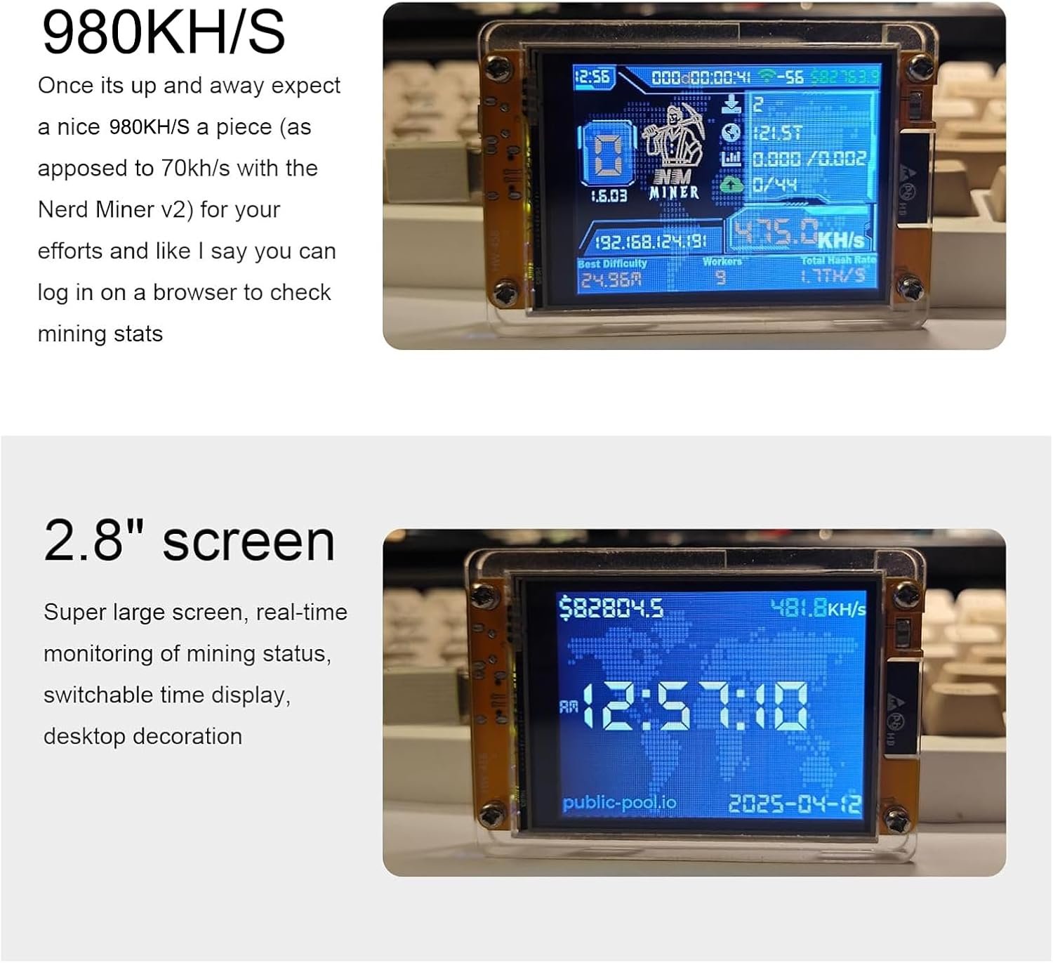 NM Miner 2.8" Screen | 980kh/s | Wi-Fi | ESP32 V2 | Open Source | Made in Europe | Plug and Play Bitcoin Miner - Image 3