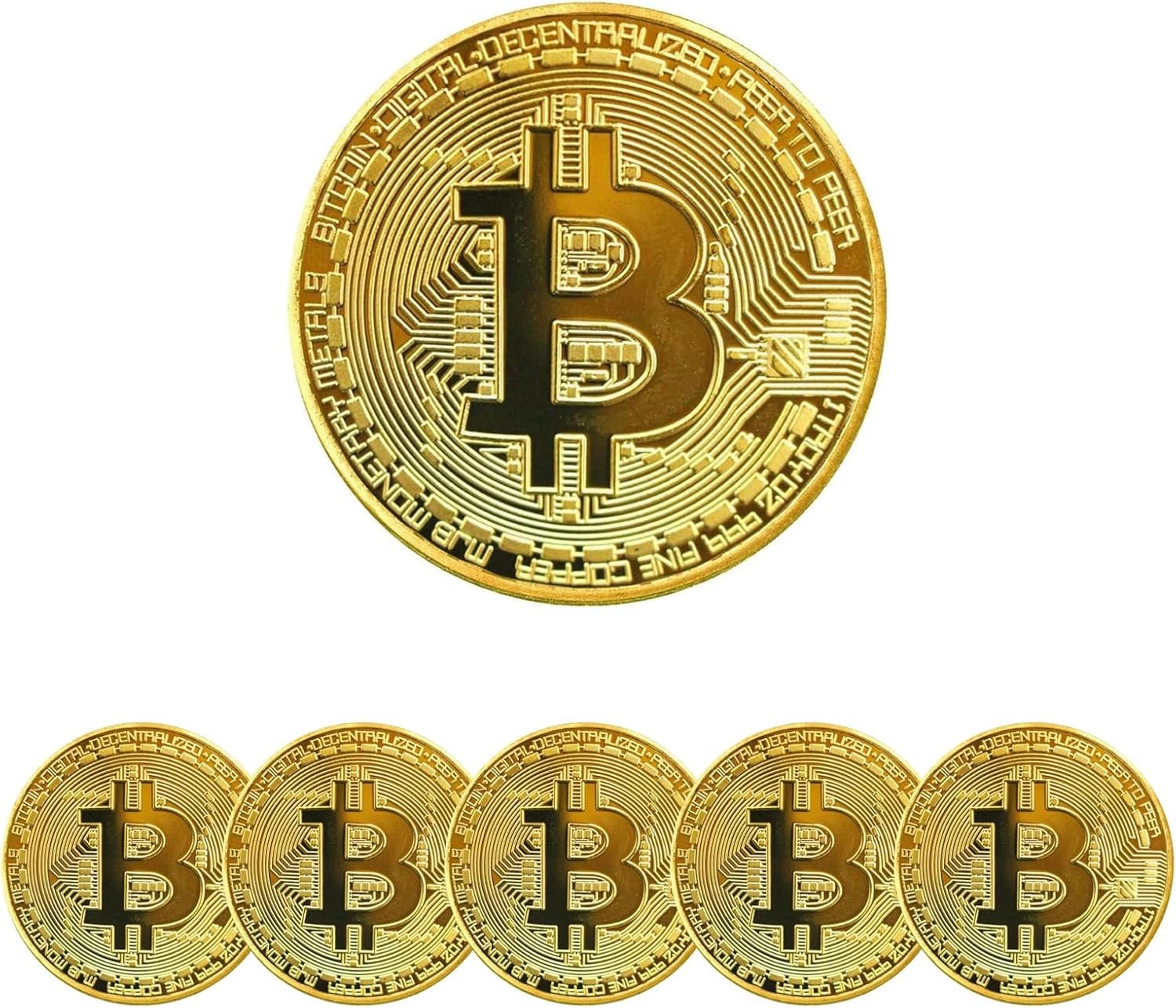 6PCS Gold Plated Bitcoin Coins - 40mm Diameter, 3mm Thickness Commemorative Physical BTC Cryptocurrency Collectible with Clear Protective Case, for Blockchain Enthusiasts
