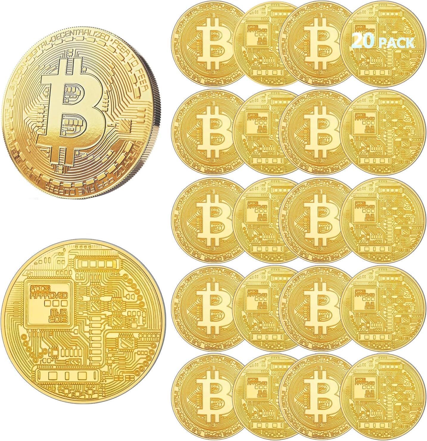 20 PCS Gold Plated Bitcoin Coin - 40mm Diameter, 3mm Thickness, 24K Gold Cryptocurrency Collectible with Clear Protective Case - Ideal for Blockchain Enthusiasts, Home Decor, and Office Gifts (Gold)