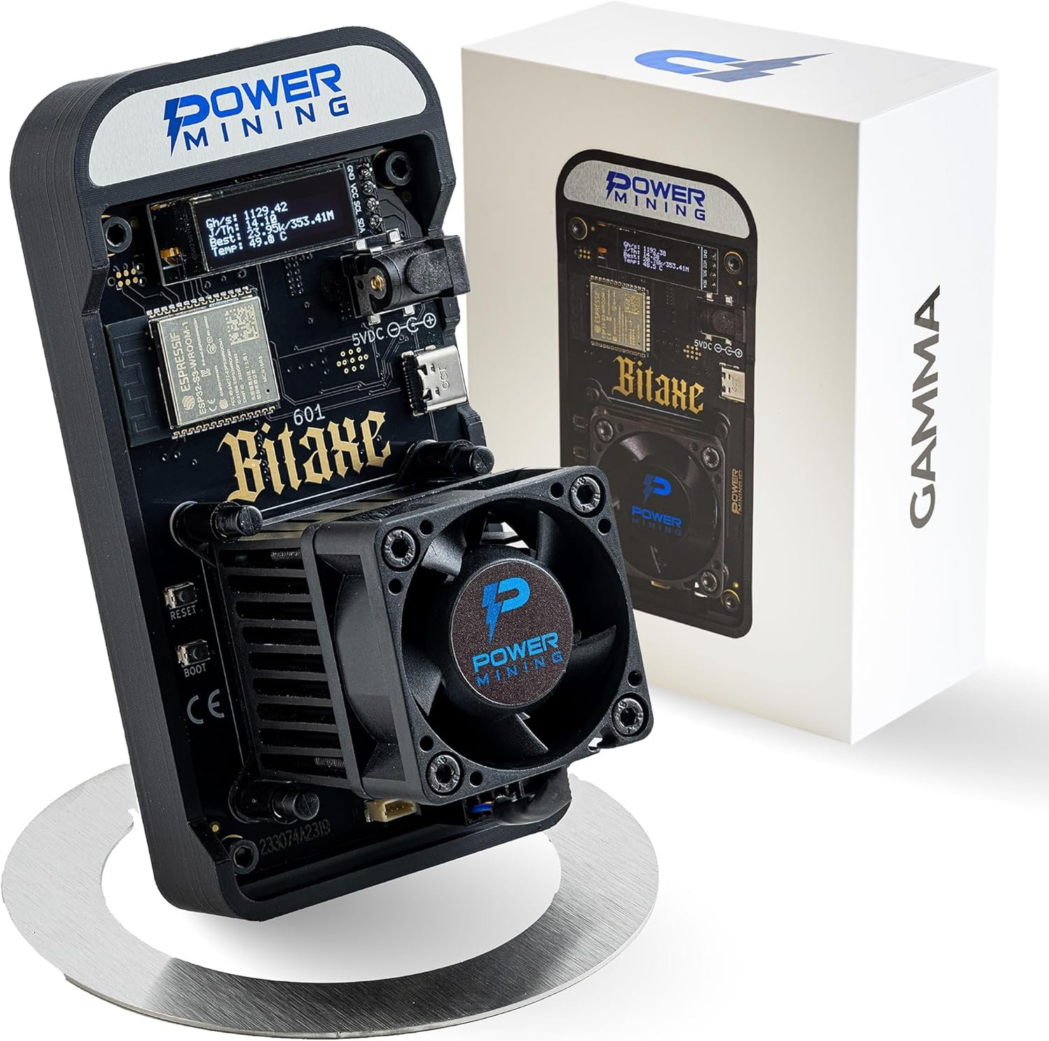 Bitaxe Gamma 601 ASIC Bitcoin Miner | 1.1 TH/s @ 18W | BM1370 Chip (Antminer S21 Pro) | Wi-Fi | USB-C | AxeOS | Open Source | Made in Europe | Incl. Power Supply & Stand